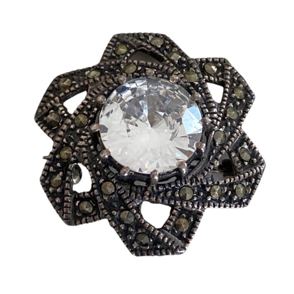 Vintage Sterling Silver 925 Brooch w marcasites and large CZ Star Shaped domed